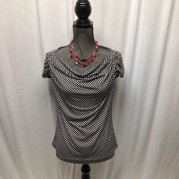 Worthington Black White Polka Dot Stretch Top Womens Size Medium Cowl Neckline - Picture 1 of 7